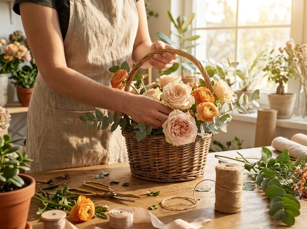 Studio florist building an arrangement in a basket at the THE BOUQUET workshop