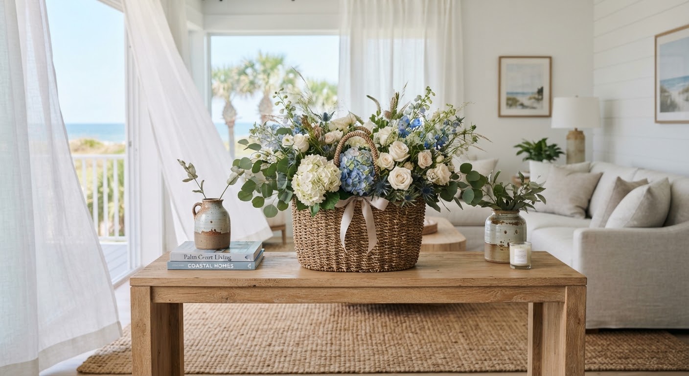 A floral arrangement in a woven basket on a table in a bright living room