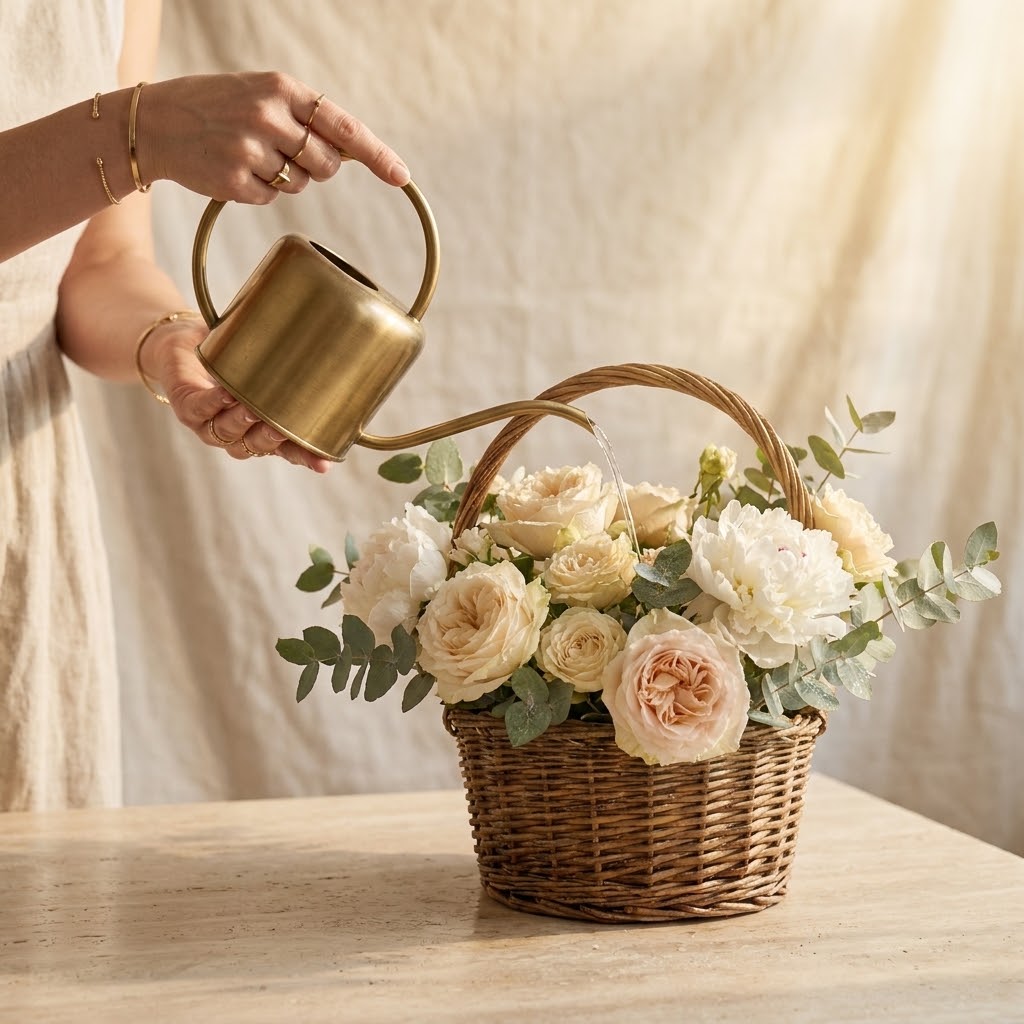 High-end luxury editorial photography of an artisanal floral woven wicker basket arrangement for a luxury boutique florist guide in Palm Coast, Florida